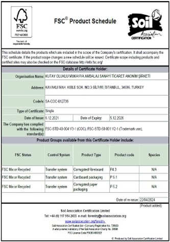 FSC® PRODUCT SCHEDULE